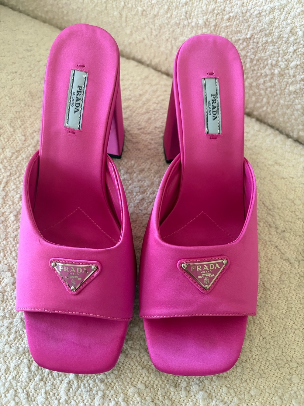 Prada Hot Pink Satin Block Heel Mules with Logo - Picture 2 of 2